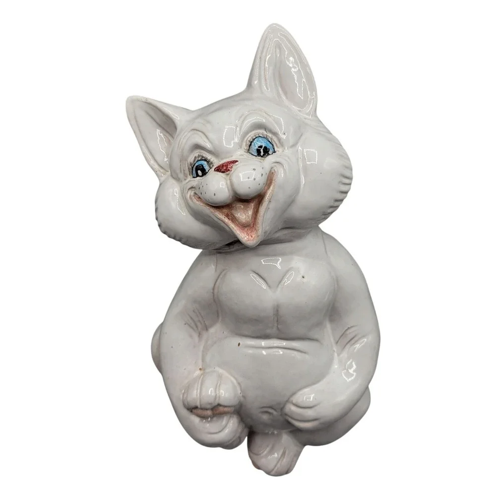 Vintage Whimsical Laughing Cat Figurine Made In Italy Redware Pottery Blue Eyes